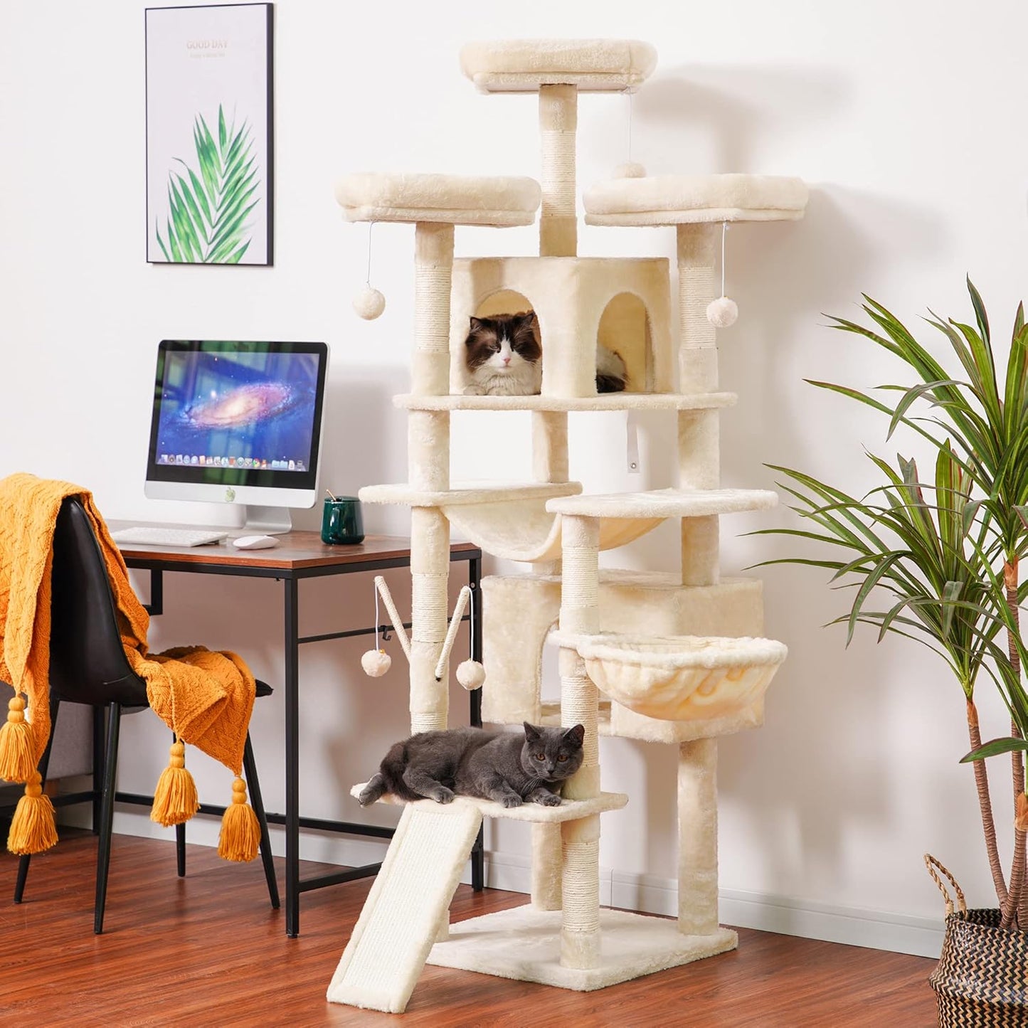 Hey-brother Cat Tree, 71 inches XL Large Cat Tower for Indoor Cats, Multi-Level Cat House with 3 Padded Perches, Big Scratcher, Cozy Basket, 2 Cat Condos and Scratching Posts, Beige MPJ034M