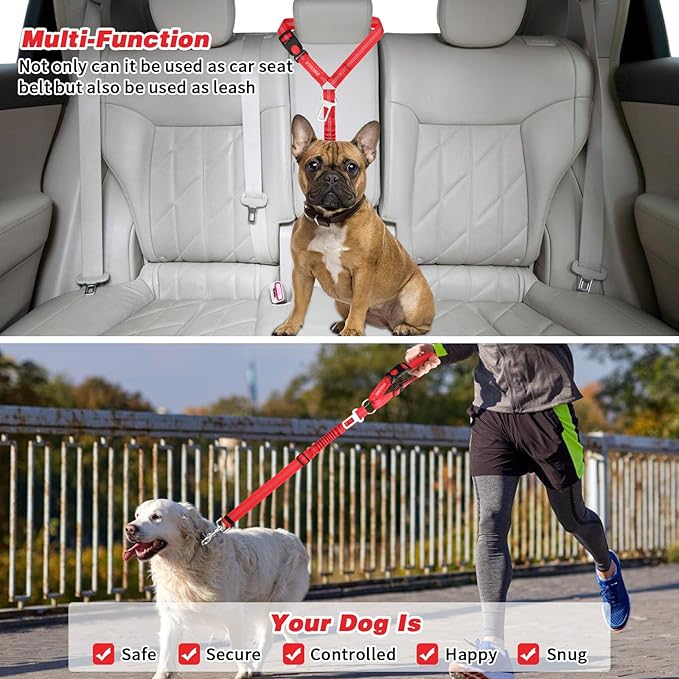 BWOGUE 2 Piece Dog Seat Belt for Car with Elastic Bungee Buffer Safety Seatbelt Car Headrest Restraint Wear Adjustable Metal Buckle Harness in Vehicle Travel for Pet