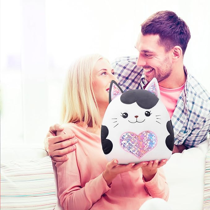 Large Cat Plush Pillow Stuffed Animal Toy,with Heart Big Size Cute Soft 13" Fat Kawaii Hugging Cuddle Huggable Adorable Plushie,Gift for Kids