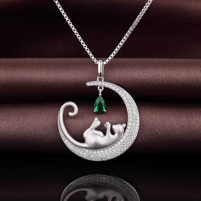 jiamiaoi 18K White Gold Plated Cat Necklace 925 Sterling Silver Diamond Cat Necklace Silver Cat On Moon Necklace for Women Gift for Birthday/Christmas, Come with Gift Box