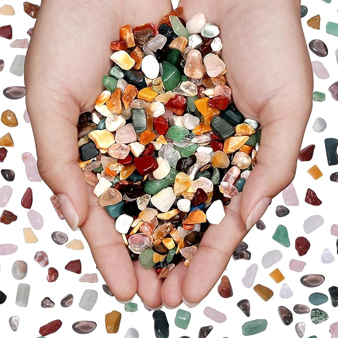 Mixed Crushed Crystal Chips Bulk 2lbs 2400+Pcs Assorted Tumbled Stone Chips Natural Polished Mixed Chakra Aquarium Gravel Rocks for Plants Terrarium Supplies Fish Tank Gravel Pebbles Vase Filler