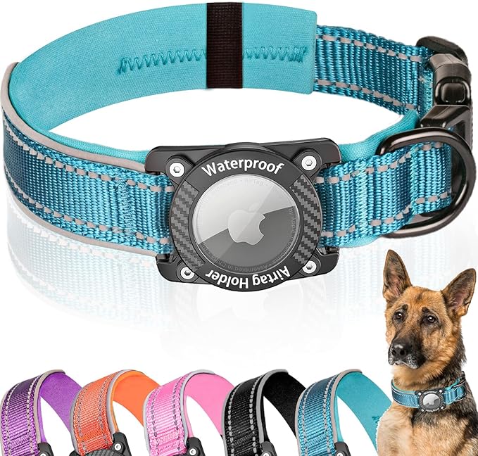 Upgraded AirTag Dog Collar, IP68 Waterproof Dog Collar with Apple Air Tag Holder, Reflective Adjustable Heavy Duty Dog Collars with Soft Padded for Small, Medium and Large Dogs,Blue, XL