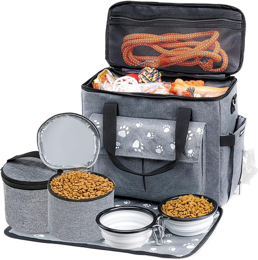 Large Dog Travel Bag, Airline Approved Dogs Bags for Traveling, 2 Dog 's Food Travel Container and Collapsible Bowls, Weekend Pet Travel Bags