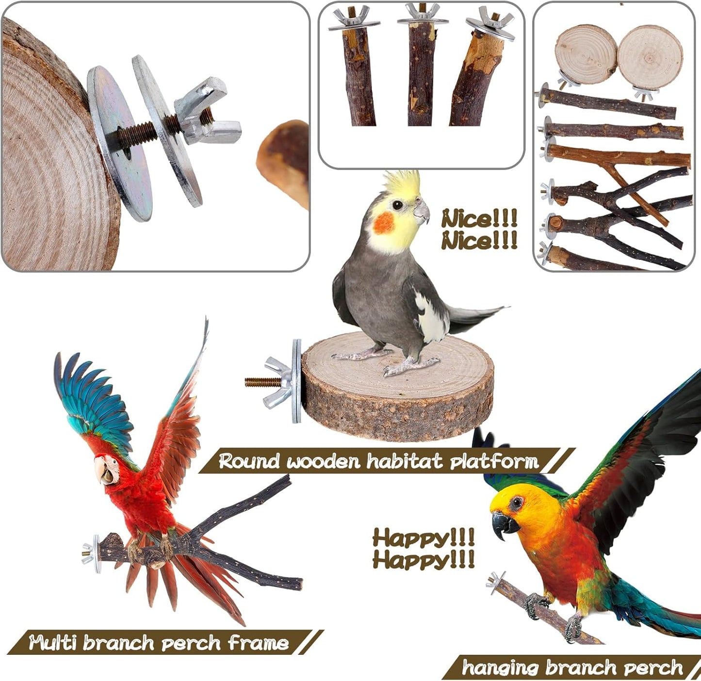 Libiline 8 Pieces Bird Perch Natural Wooden Parrot Perch Stand Fork Toys Hanging Multi-Branch Perches Platform Hammock Swing Toy for Macaws, Small Parakeets, Conures, Budgies, Finches (A-Color, Mix)