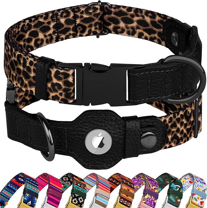 AirTag Dog Collar for Small Medium Large Breed - Adjustable Cute Pattern Dog Collar with Airtag Holder - Soft Leather Tracker GPS Apple Air Tag Pet Collars (X-Large, 20"-25" Neck Fit, Leopard)