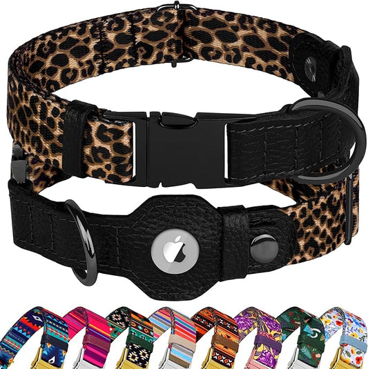 AirTag Dog Collar for Small Medium Large Breed - Adjustable Cute Pattern Dog Collar with Airtag Holder - Soft Leather Tracker GPS Apple Air Tag Pet Collars (X-Large, 20"-25" Neck Fit, Leopard)