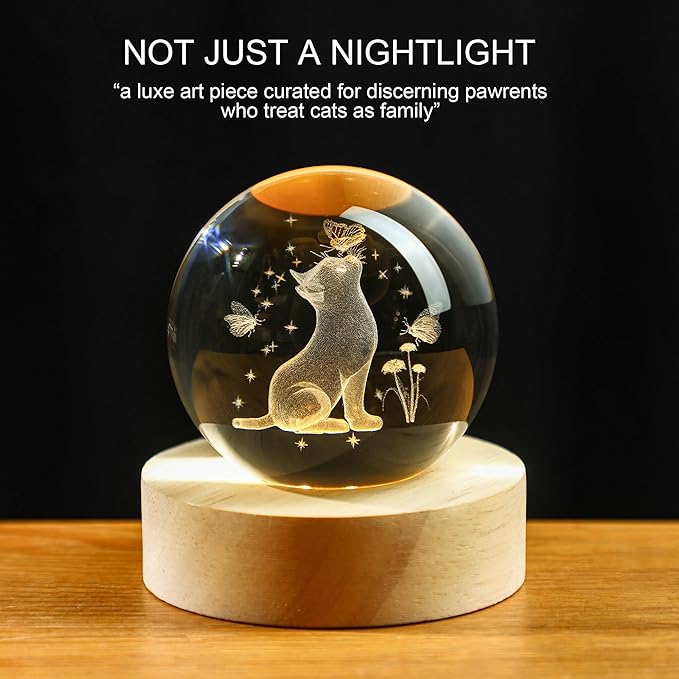 YU FENG 3D Carved Cat Crystal Ball with Luminous Base for Cat Lovers 2.36 Inches