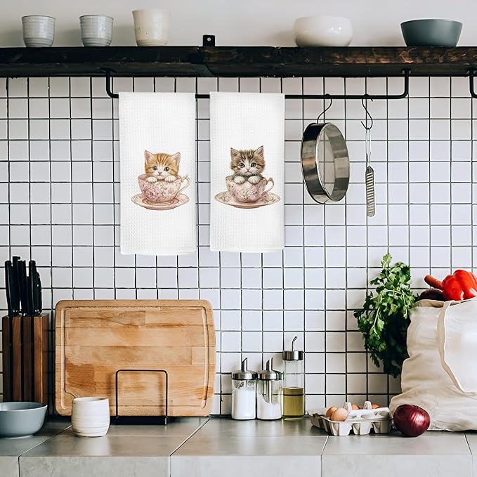 Vintage Floral Cats Kitchen Dish Towels 16x24 Inch Set of 2, Cat Tea Cup Gift for Cat Lover, Cute Pet Dish Towel, Flower Decorative Hand Tea Towels for Bathroom Cooking