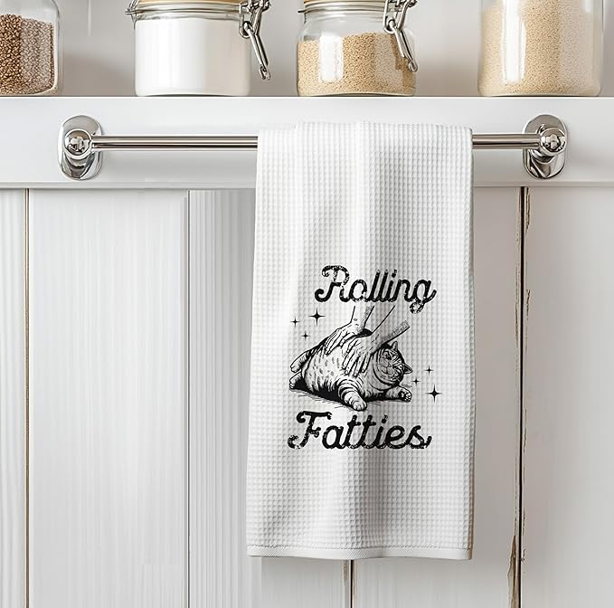 Funny Retro Cat Kitchen Towels, Cat Lover Mom Lady Gifts for Women Dish Tea Towels for Kitchen Decor, Rolling Fatties Kitten Decorative Hand Towels for Bathroom, 16x24 Inch