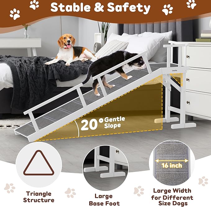 Onelike Wooden Dog Ramp for Bed with Removable Side Rail and Non-Slip Carpet, Stable Pet Ramp Stair for Couch Sofa for Small & Large & Senior Dogs, 74" Long Ramp White