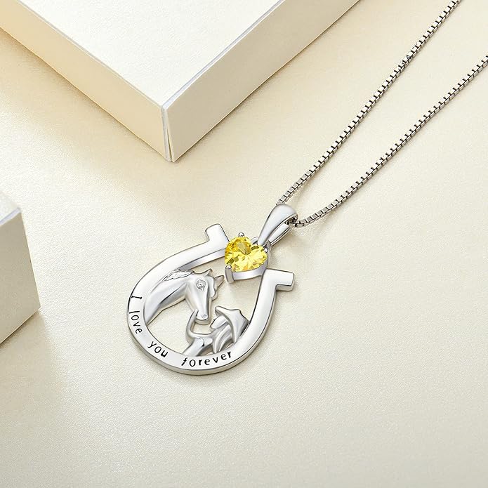 YL Women's Horse Necklace 925 Sterling Silver Horseshoe Pendant Birthstone Animals Jewelry