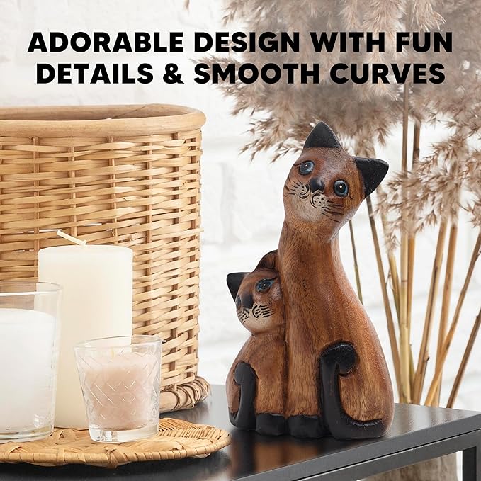 Wooden Cat Figurine Home Decor - Hand Carved Cat Gifts for Cat Lovers - Cat Statue Figure - Cat Decor for Home Office Accessories - Wood Cat Collectible Sculpture - Feline Cat Gift for Women