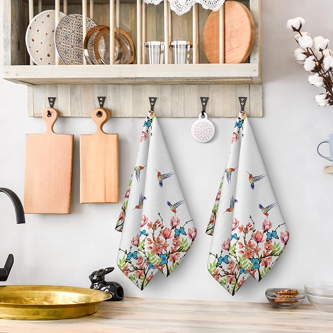 Flower Hummingbird Kitchen Towels Decorative Set of 2, Soft Absorbent Dish Towels Hand Towels for Kitchen Farmhouse Spring Summer Home Decorations Gifts for Hummingbird Lovers