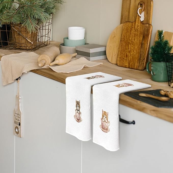 Vintage Floral Cats Kitchen Dish Towels 16x24 Inch Set of 2, Cat Tea Cup Gift for Cat Lover, Cute Pet Dish Towel, Flower Decorative Hand Tea Towels for Bathroom Cooking