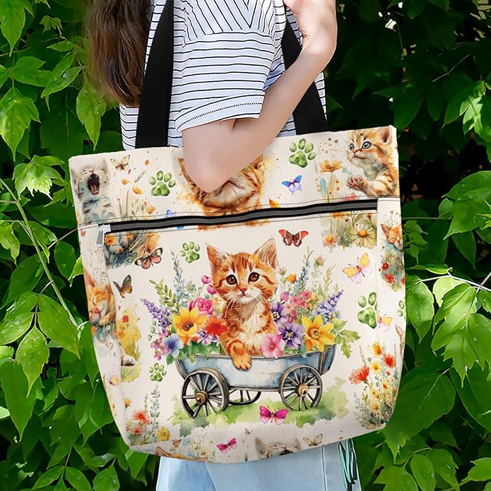 Waterproof Tote Bag with Pockets and Zipper for Work. Shoulder Bag for Women. Gift for Cat Lover Cat Owner.