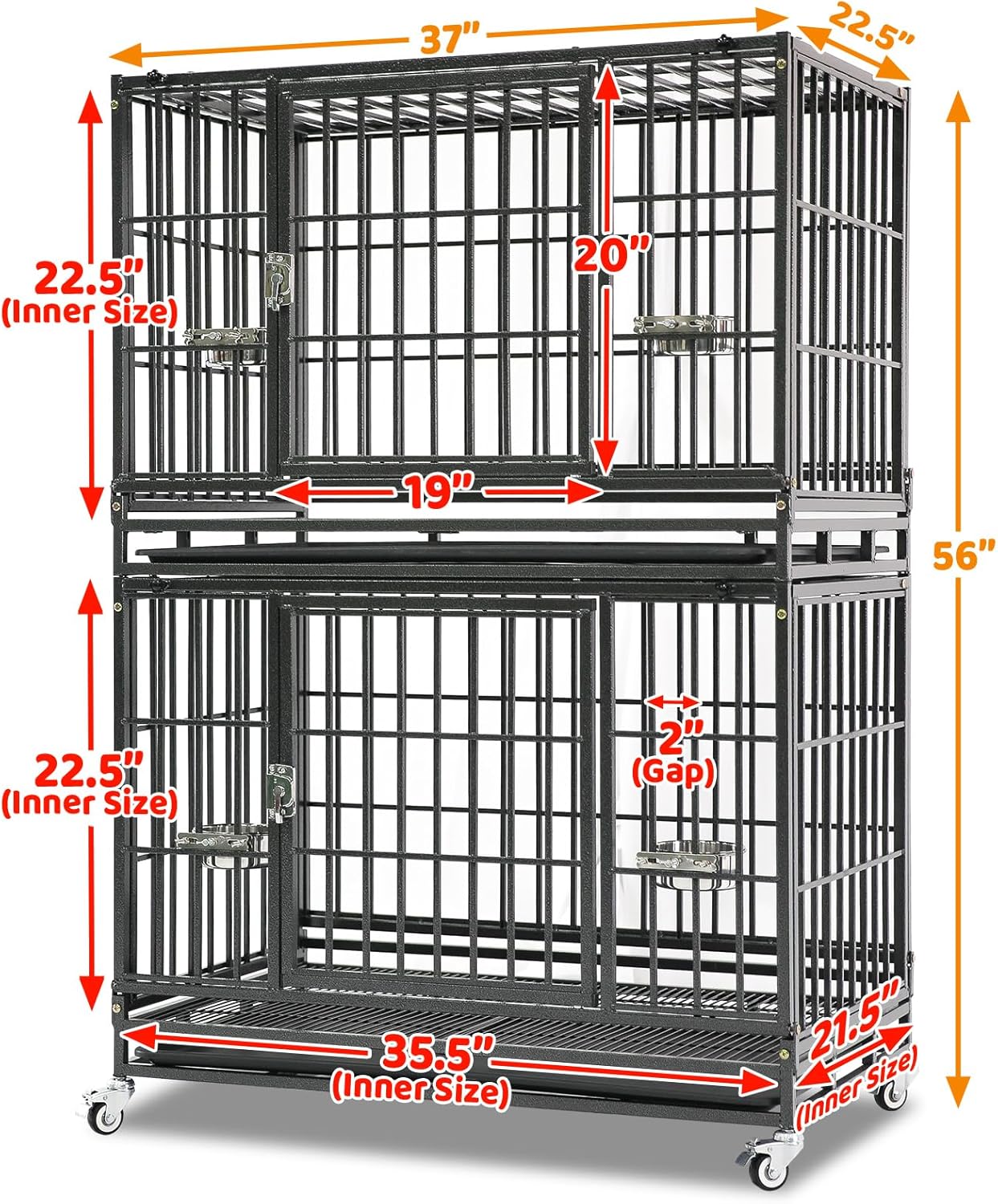 Homey Pet 37 Inch Heavy Duty Dog Crate Indestructible, Collapsible Dog Cage with Lockable Wheels, Removable Tray, High Anxiety Dog Kennel Indoor, Two Tiers Stackable Dog Crates for Medium Dogs