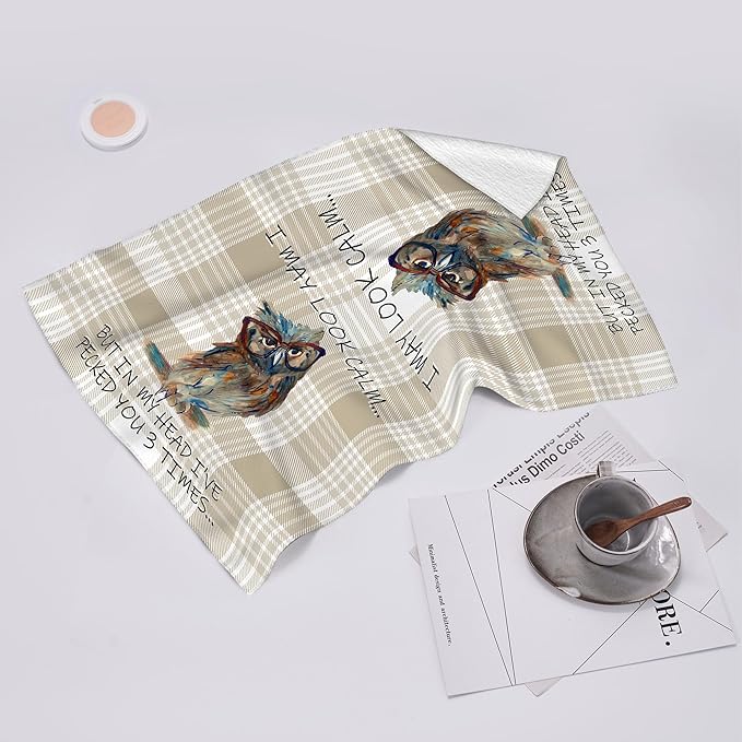 Funny Owl Kitchen Dish Towels Decorative Set of 2, Absorbent Cute Buffalo Plaid Tea Hand Towels for Kitchen Farmhouse Housewarming Bar Cooking Baking Drying Decor Owl Lover Gift