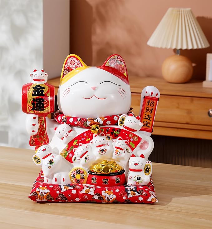 Large Ceramic Maneki Neko Beckoning Lucky Money Cat Waving Arm Good Feng Shui Fortune Happy Smiling Cat Figure 特大招財貓-招財進寶(Good Fortune)