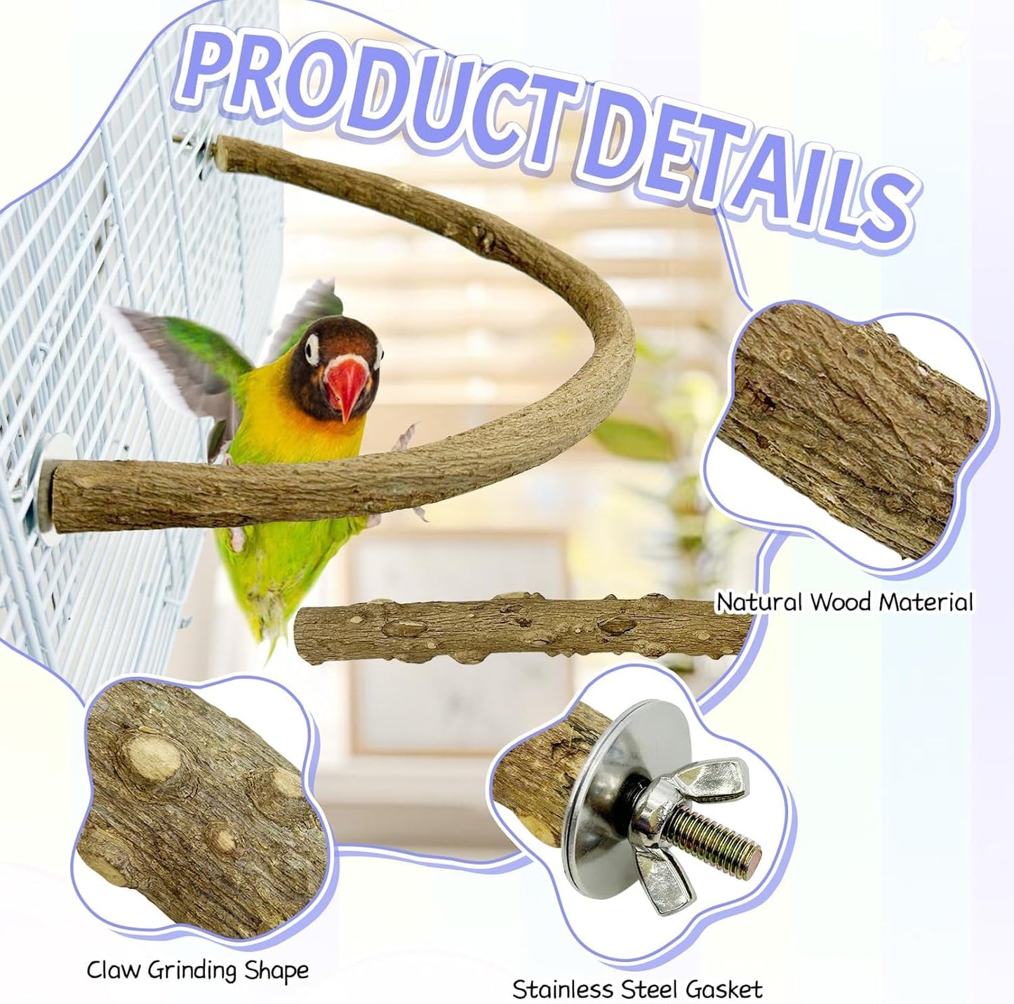 PINVNBY 6 PCS Natural Bird Perches Wooden Parrot Perch Sets Bird Perches for Cage Parakeet Platform Hammock Paw Grinding Fork Chewing Stick for Budgies Conures Finches Cockatiels Lovebirds