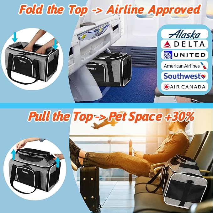 Petskd Top-Expandable Pet Carrier 17x11x9.5 Inches Alaska Airline Approved, Soft-Sided Carrier for Small Cats and Dogs with Locking Safety Zippers and Anti-Scratch Mesh(Grey)