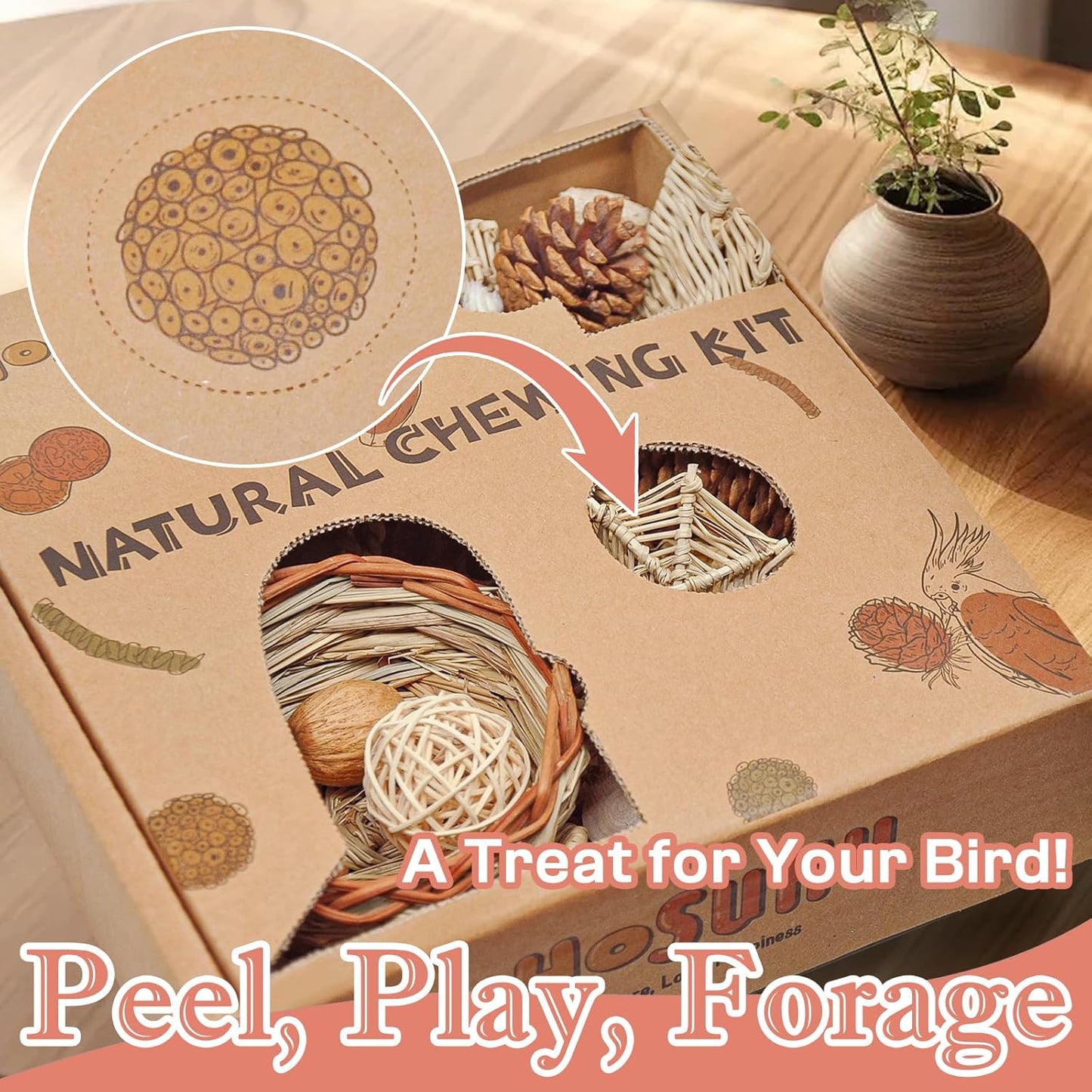 Natural Bird Foraging & Shredding Toys Box - Handmade Rattan Chewing Toys for Parakeets, Cockatiels, Conures, Lovebirds & Small to Medium Birds