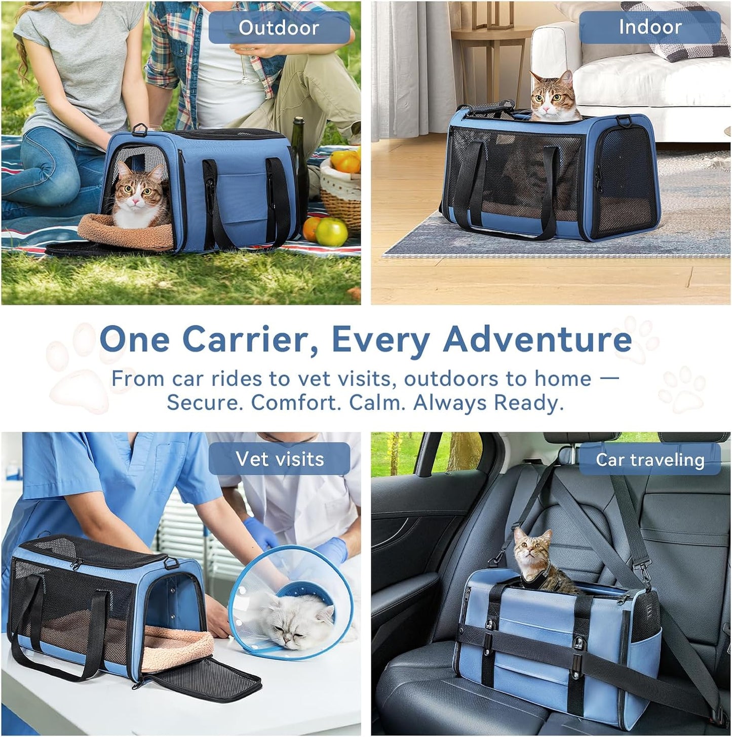 PETSFIT Soft-Sided Cat Carriers & Car Seats with Patent Safe Buckles, Clip-On Harness, 19"x12"x12" Pet Travel Carrier - 20 lbs Capacity (Blue)
