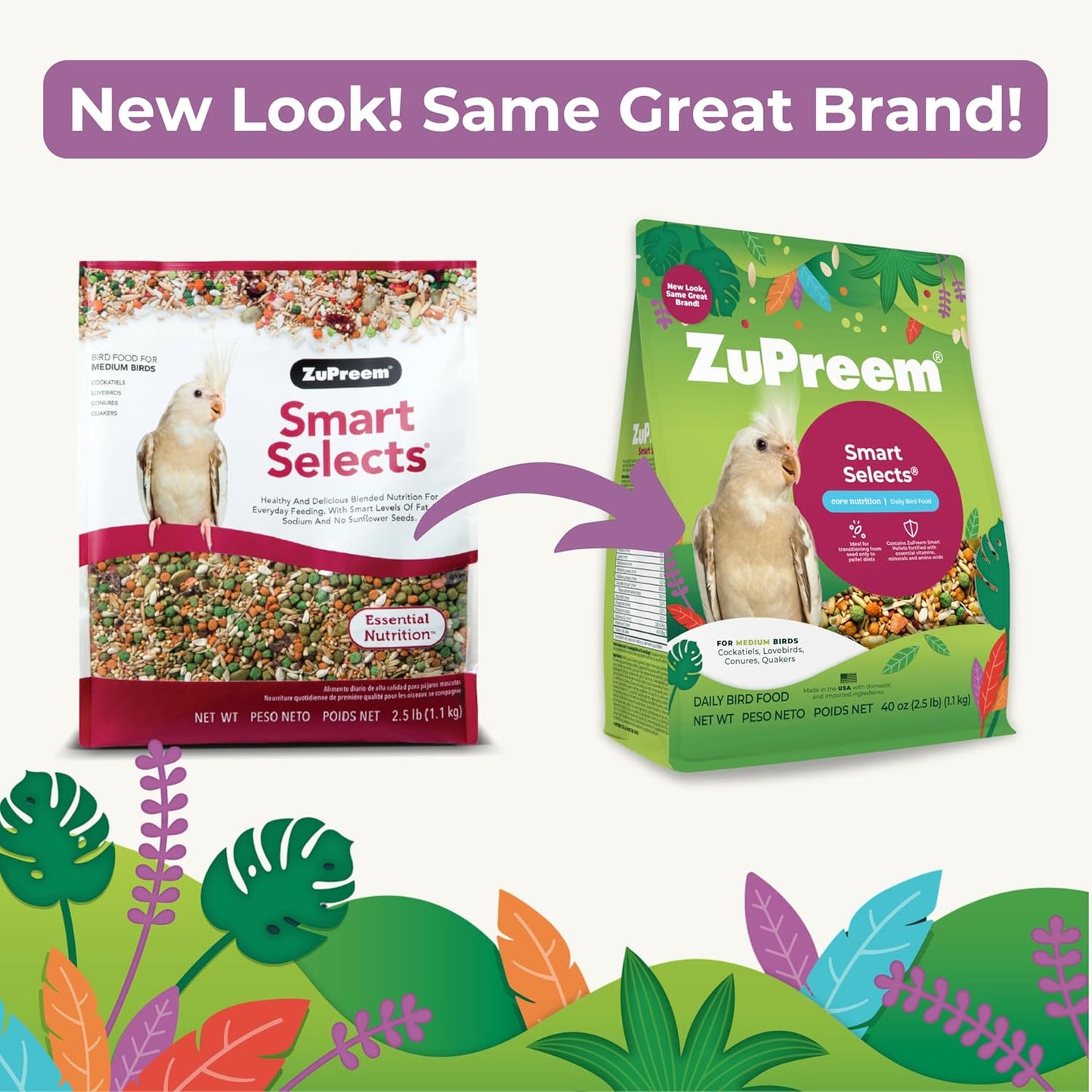 ZuPreem Smart Selects Pellets & Seed Blend, Daily Food for Cockatiel, Lovebird, Quaker, Conure, Lorikeet, Core Nutrition Food for Medium Birds, Essential Vitamins, Conure Feed (M, 2.5 lbs)