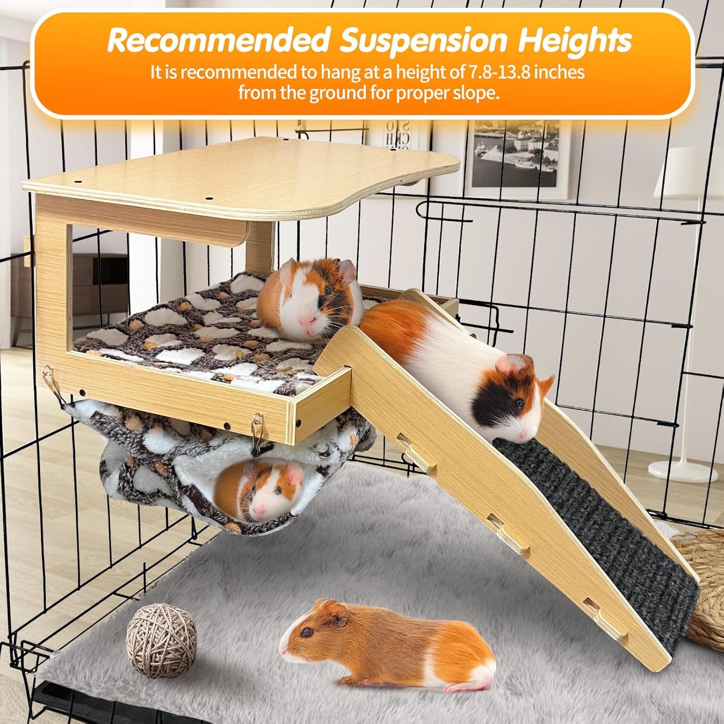 Guinea Pig Hideout，Natural Wood Removable Guinea Pig Bed, Small Animal Habitat with Hanging Hammock/Staircase/Cushion, Suitable for Small Animals to Hide, Rest, Play
