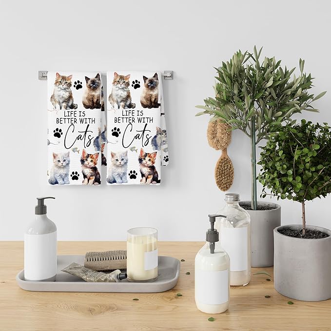 Watercolor Cat Kitchen Towels Set of 2, Cats Gifts for Women Cat Lovers, Cats Owner Gifts Decoration Tea Towels Kitchen Hand Towels 16x24 Inch
