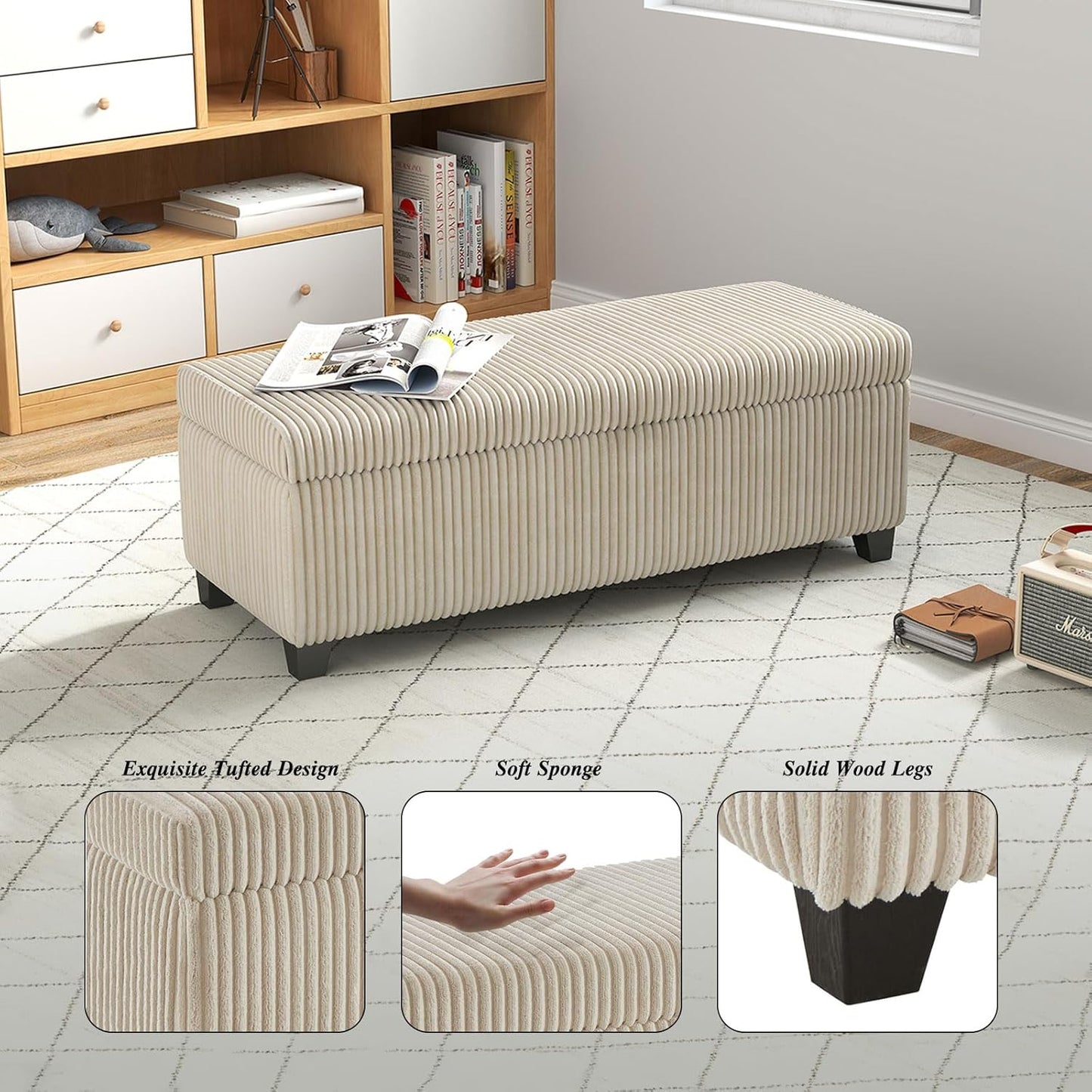 48" Ottoman with Storage, Corduroy Storage Ottoman Bench for Bedroom, End of Bed Bench with Safety Hinge for Living Room, Bedroom, Entryway, Beige