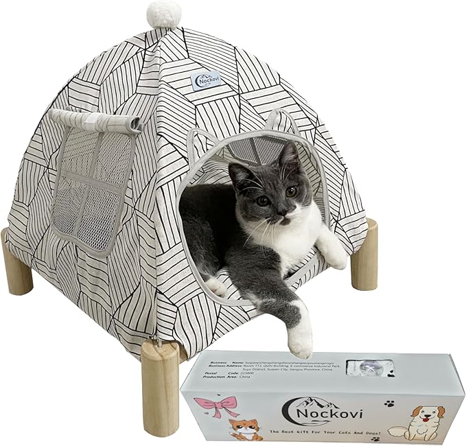 2-in-1 Elevated Cat Tent Cat House, Quick Assembly and Disassembly, Portable Indoor/Outdoor Cute Cat Bed Cave-White Diamond Pattern
