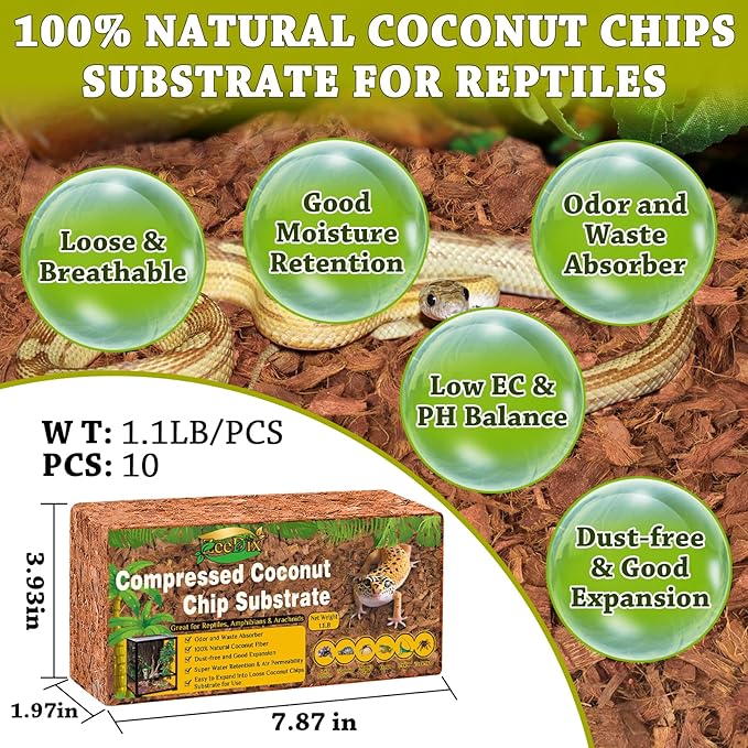 ZeeDix 10PCS Natural Coconut Chips Substrate for Reptiles, Coconut Fiber Husk Reptiles Bedding, Compressed Coco Chips Substrate for Ball Python, Snakes, Tortoise, Hermit Crab, Frogs, Lizard, Tarantula