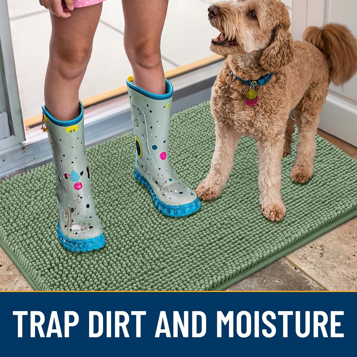 Smiry Dog Door Mat for Muddy Paws 24x16, Absorbs Moisture and Dirt Doormat, Non-Slip Washable Quick Dry Chenille Front Door Mat Indoor Entrance, Entryway Carpet for Inside Floor, Olive Green