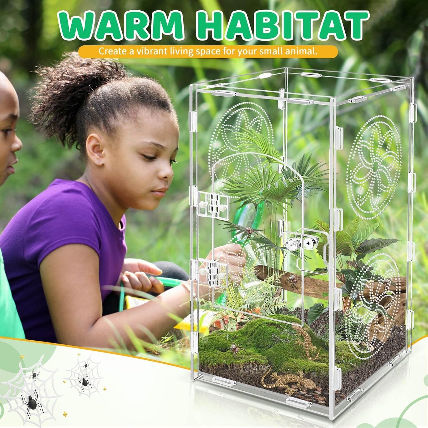 Jumping Spider Enclosure, 12x6x6 Inch Acrylic Tarantula Enclosure, Jumping Spider Accessories with Front Opening Door