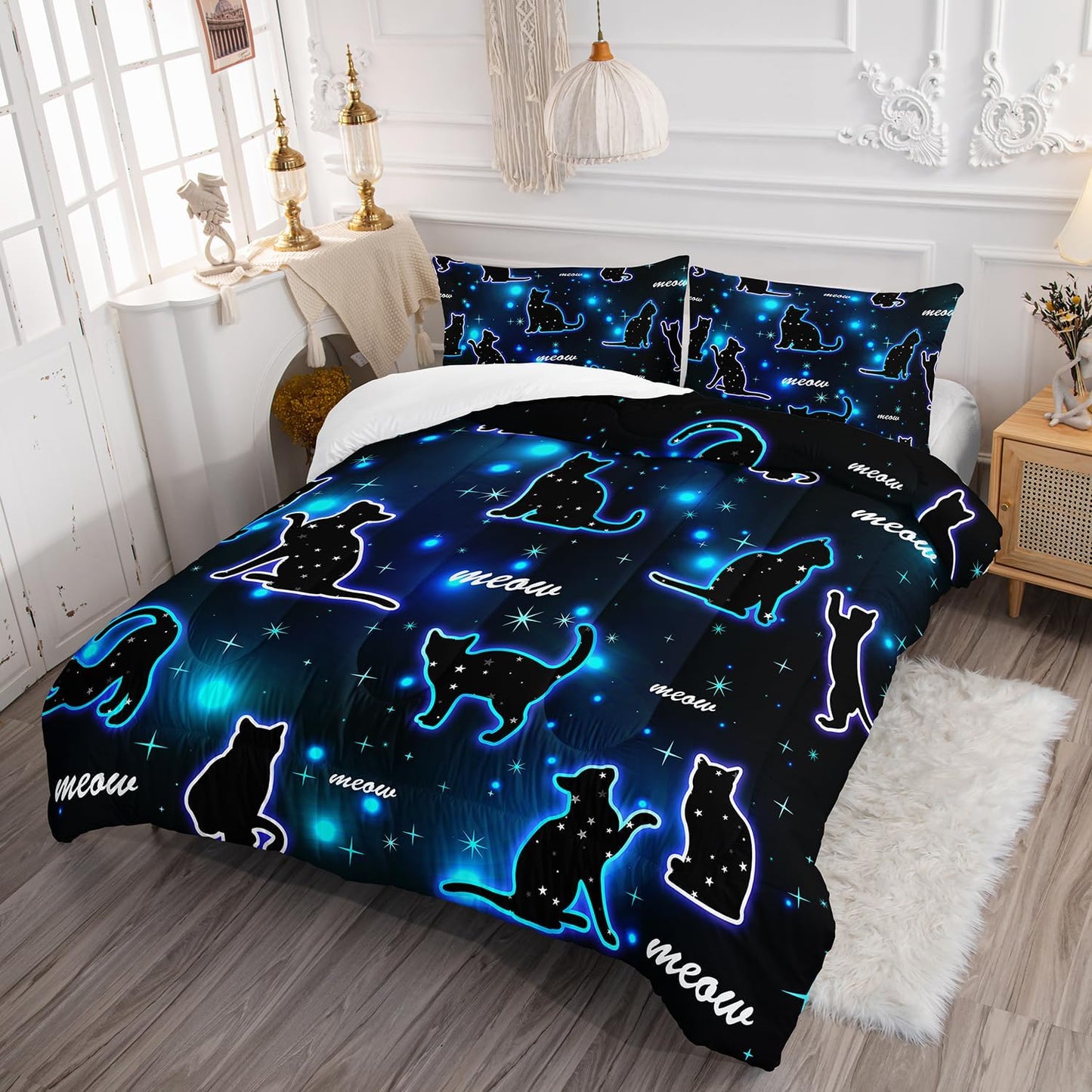 Kawaii Pet Cat Comforter 3Pcs Full Gradient Line Cute Kitten Animal Bedding Set for Kids Teens Girls Boys Cat Glitter Polka Dots Pattern Quilt Bed Decor with 1 Comforter and 2 Pillowcases