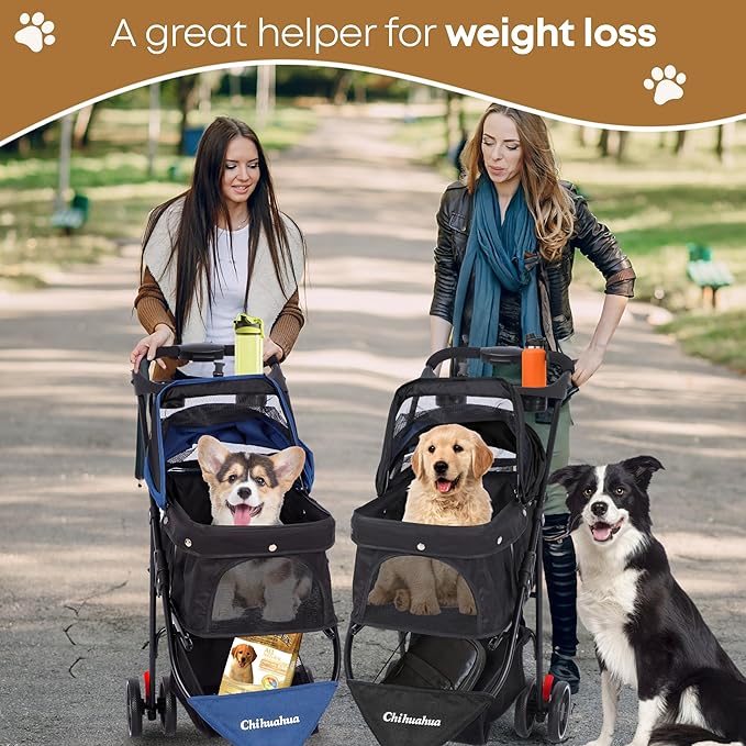 Pet Stroller,Dog Stroller for Small Medium Dogs Cats,3 Wheels,Foldable,with Breathable Mesh Canopy,Cup Holders,Easy Assembly,Deep Brown