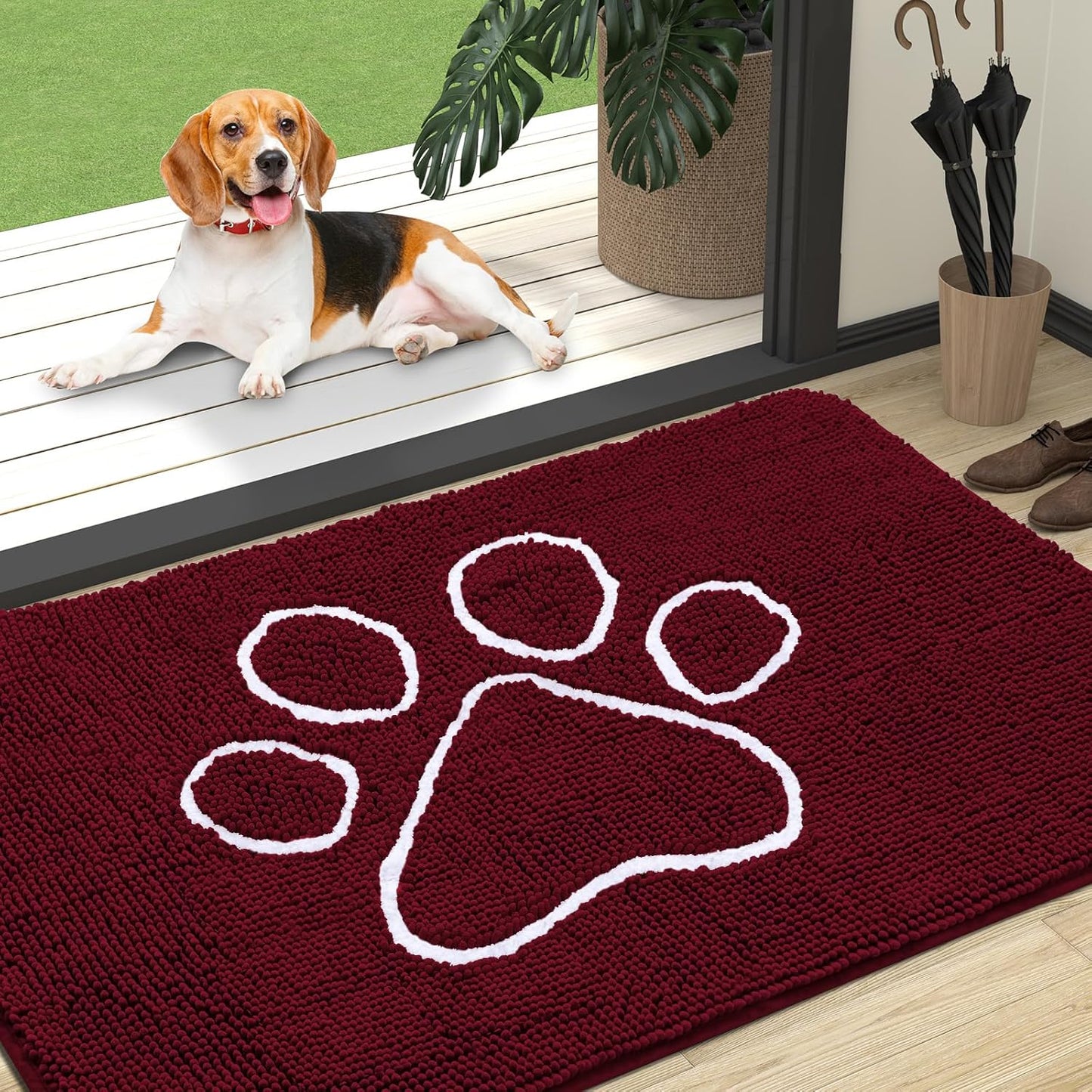 OLANLY Door Mat for Muddy Dog Paws 47x32, Ultra Absorbent Chenille Mud Doormat with Paw Print Design, Non-Slip Washable Doormat for Indoor Entryway, Quick-Dry Pet Bed Mats for Dirty Dogs, Burgundy