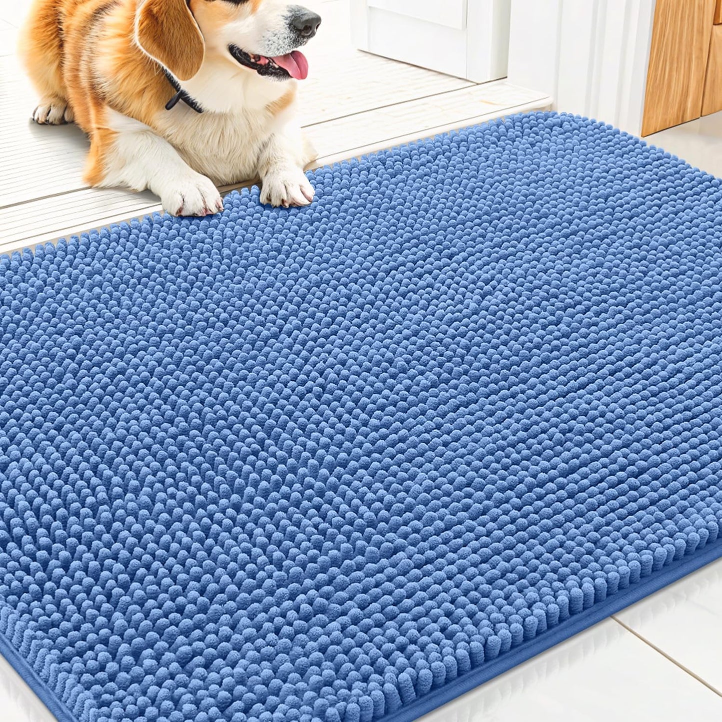 Smiry Dog Door Mat for Muddy Paws 30x20, Absorbs Moisture and Dirt Doormat, Non-Slip Washable Quick Dry Chenille Front Door Mat Indoor Entrance, Entryway Carpet for Inside Floor, Cornflower Blue