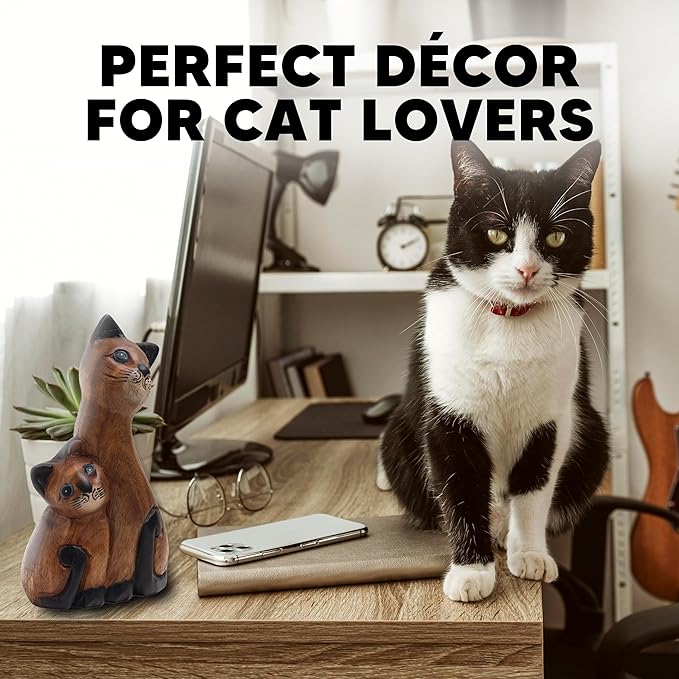 Wooden Cat Figurine Home Decor - Hand Carved Cat Gifts for Cat Lovers - Cat Statue Figure - Cat Decor for Home Office Accessories - Wood Cat Collectible Sculpture - Feline Cat Gift for Women