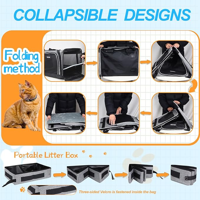 Petskd Extra Large Cat Carrier with Litter Box 24"x17"x17" for Medium Large Cat or 2 Small Cats, Collapsible Soft Sided Pet Carrier for Car Travel with Lockable Safety Zippers(Grey)
