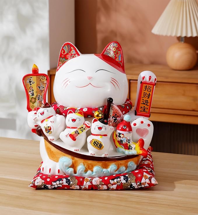 Large Ceramic Maneki Neko Beckoning Lucky Money Cat Waving Arm Good Feng Shui Fortune Happy Smiling Cat Figure 特大招財貓- 生意兴隆