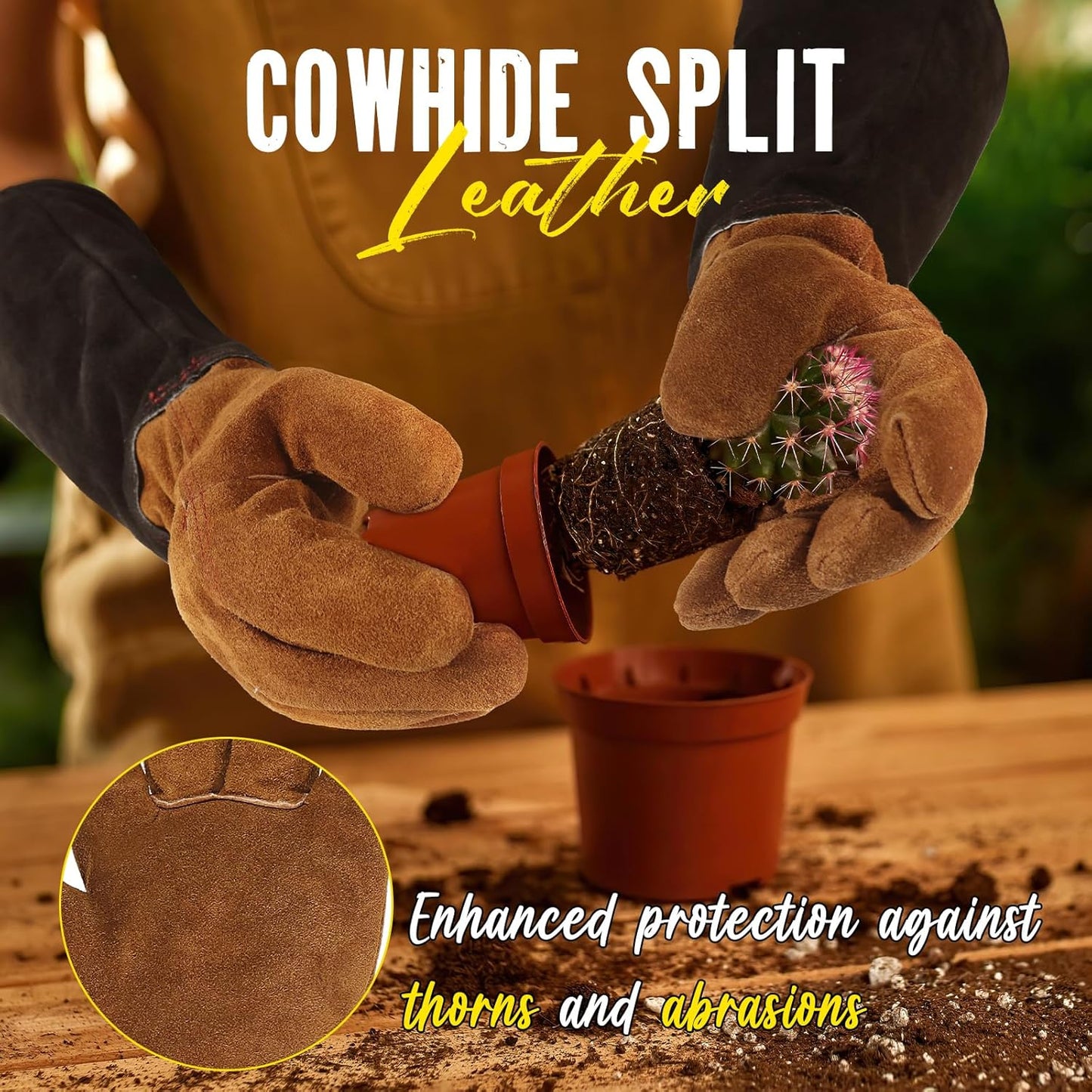 HANDLANDY Leather Gardening Gloves for Men & Women, Rose Pruning Thorn Proof Garden Glove, Long Sleeve Gauntlet Gloves (Black-brown, Large (Pack of 1))