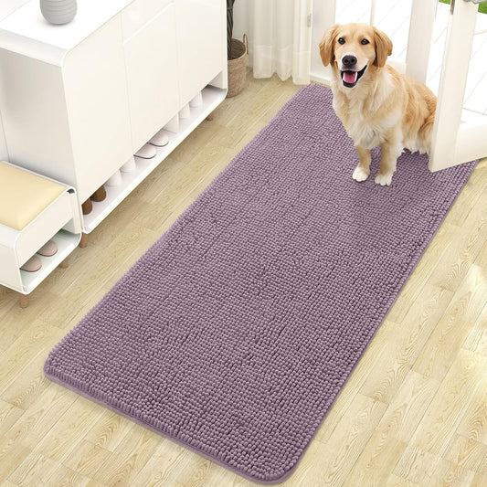 OLANLY Dog Door Mat for Muddy Paws 47x24, Absorbs Moisture and Dirt, Absorbent Non-Slip Washable Doormat, Quick Dry Chenille Mud Mat for Dogs, Entry Indoor Entryway Carpet for Inside Floor, Deep Plum