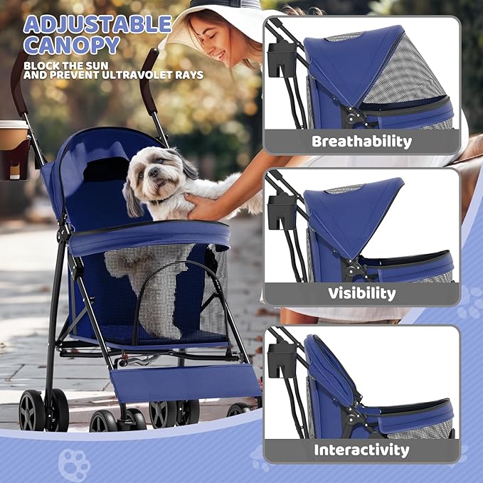 Magshion Compact Pet Stroller for Small-Medium Dogs/Cats up to 22lbs, 4-Wheel Lightweight Umbrella Shaped Portable Puppy Travel Jogger with Breathable Mesh, Cup Holder & Rear Storage, Navy Blue