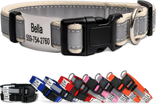 GoTags Reflective Personalized Dog Collar with Nameplate, Adjustable Dog Collar with Custom Engraved Steel Slide On Pet ID Tag, Silent, No Noise Dog Tag for Large Medium or Small (Beige, Small)