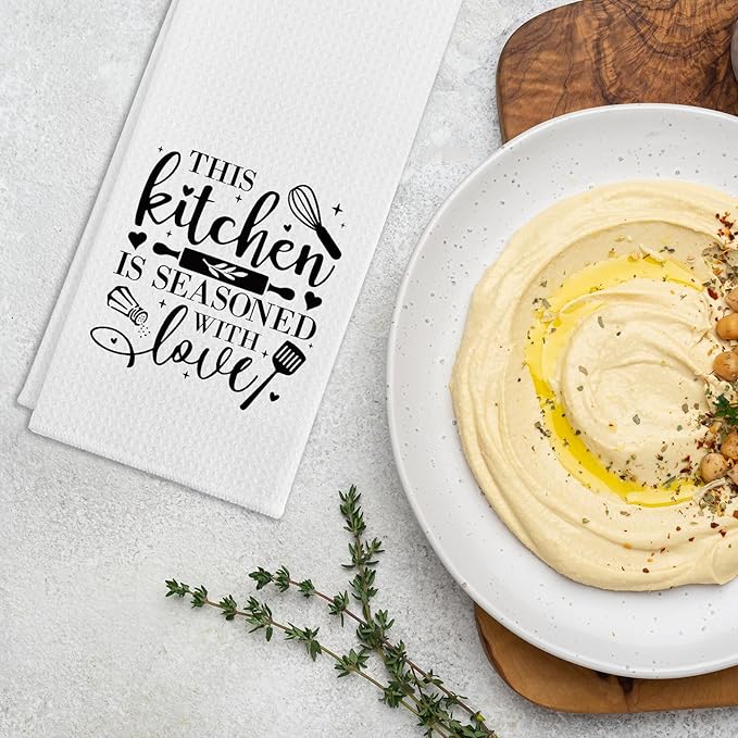 Funny Kitchen Towels with Sayings This Kitchen is Seasoned with Love Soft Dish Towels Chef Gifts for Kitchen Decor Sweet Housewarming Gifts Novelty Towels Gifts for Women Men Hostess Friend