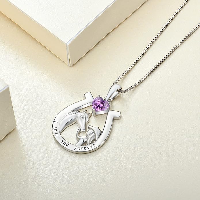 YL Women's Horse Necklace 925 Sterling Silver Horseshoe Pendant Birthstone Animals Jewelry