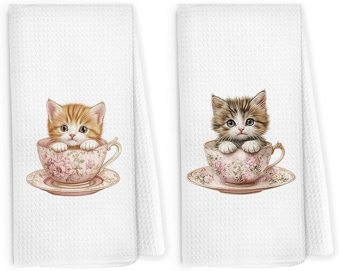 Vintage Floral Cats Kitchen Dish Towels 16x24 Inch Set of 2, Cat Tea Cup Gift for Cat Lover, Cute Pet Dish Towel, Flower Decorative Hand Tea Towels for Bathroom Cooking