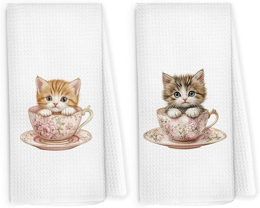 Vintage Floral Cats Kitchen Dish Towels 16x24 Inch Set of 2, Cat Tea Cup Gift for Cat Lover, Cute Pet Dish Towel, Flower Decorative Hand Tea Towels for Bathroom Cooking