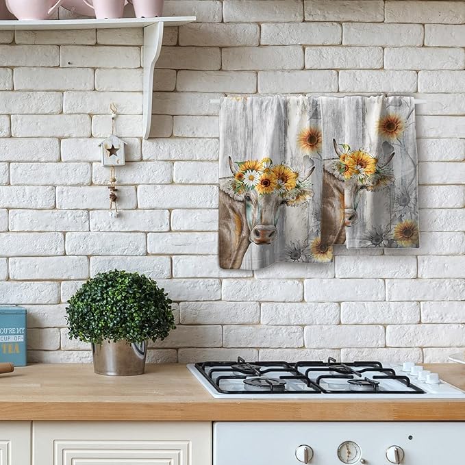 Vintage Sunflower Hand Towel Set of 2 Farm Cow Face Towels Cotton Soft Absorbent Kitchen Dishcloth Washcloths for Bathroom Home Gym